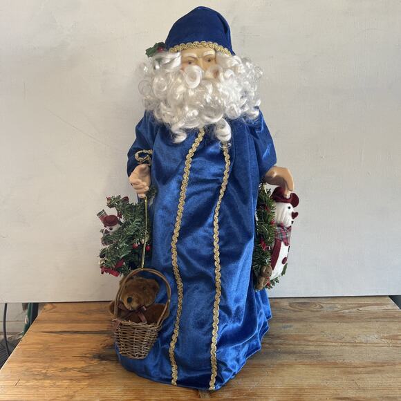 Vintage Santa Tree Topper 24 Blue Robe w/Snowman,Bear & Basket VTG Xmas Decor - Picture 1 of 11